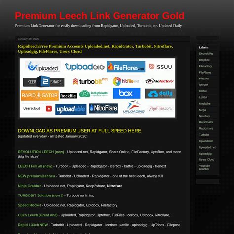 Premium leeches - Site Language Max File Size Bandwidth Max N° of Files N° of Ads/Link Requires Registration CBox Reevown: English Unlimited Unlimited Unlimited 2 Banner